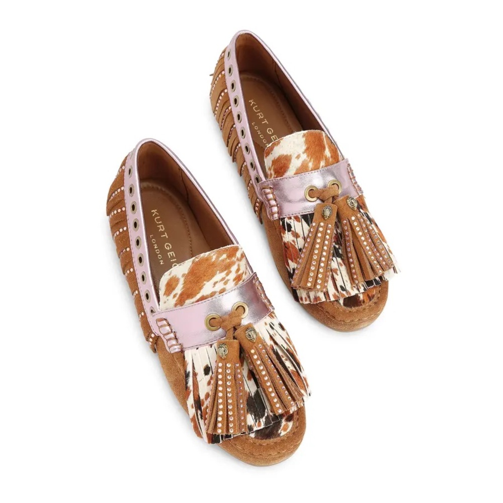 Kurt Geiger London Tassel Cow Print Calf Hair Studded Fringe Moccasin Loafers